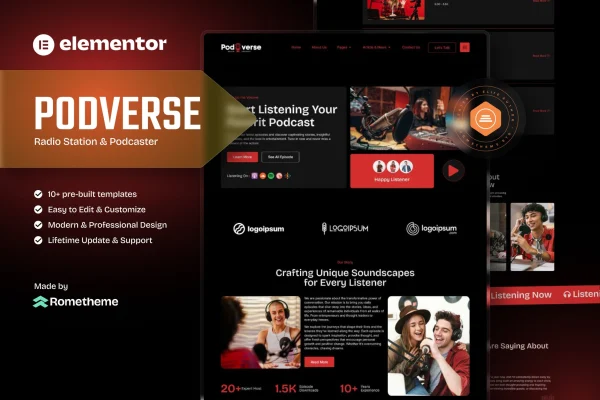 Podverse radio station and podcaster Elementor template kit preview