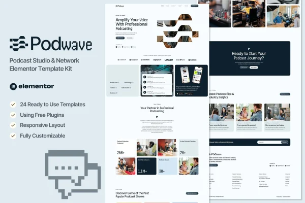 Podwave Elementor template kit cover for podcast studio and network websites