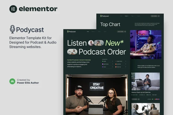 Podycast podcast and audio streaming Elementor template kit preview