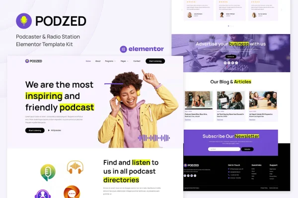 Podzed podcast and radio station Elementor template kit preview