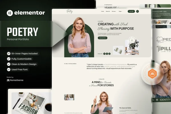 Poetry personal portfolio and resume Elementor template kit preview