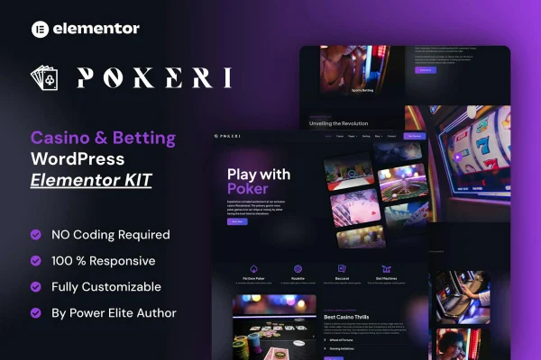 Pokeri casino and betting Elementor Pro template kit cover image