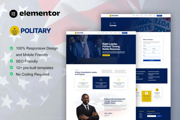 Politary Elementor Pro template kit preview for politicians and public servants
