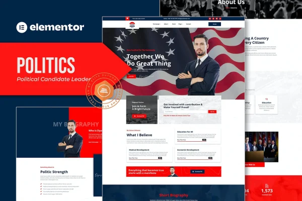 Politics Elementor template kit preview showing political campaign website pages