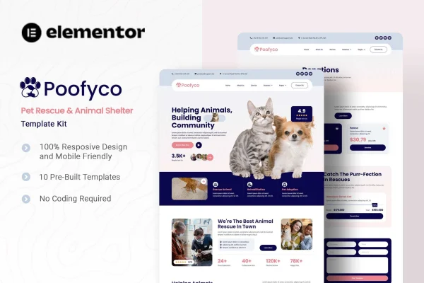 Poofyco pet rescue and animal shelter Elementor template kit preview