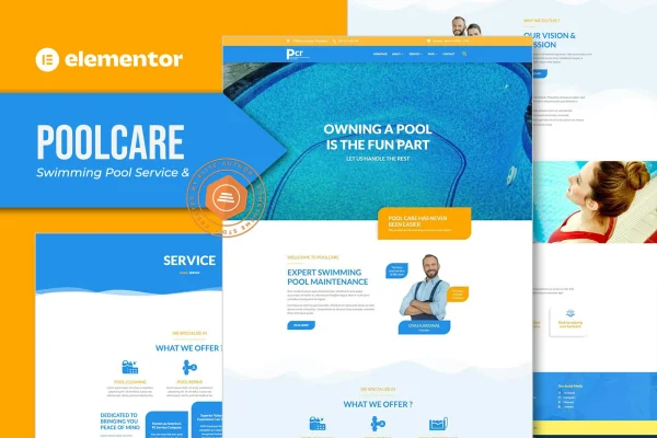 Poolcare swimming pool service Elementor template kit preview in blue and white