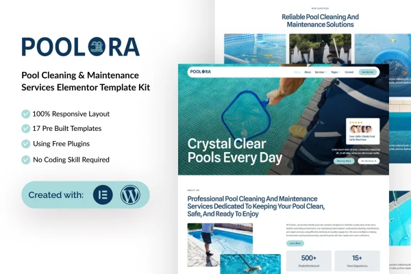 Poolora pool cleaning and maintenance Elementor template kit preview
