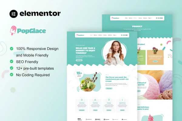 PopGlace ice cream shop Elementor template kit preview