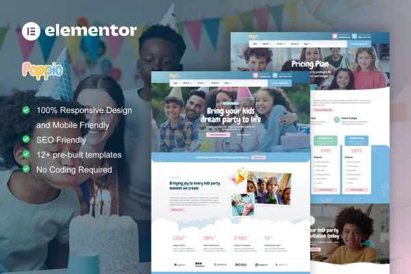 Poppio kids party planner Elementor template kit preview with colorful playful page designs