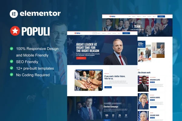 Populi politician Elementor template kit preview showing campaign website page layouts