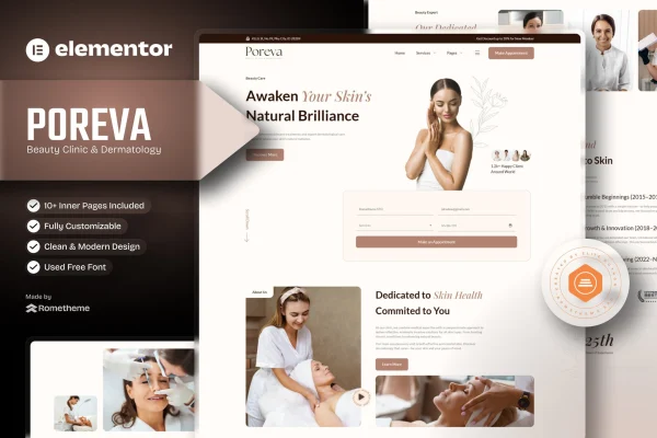 Poreva beauty clinic and dermatology Elementor template kit preview