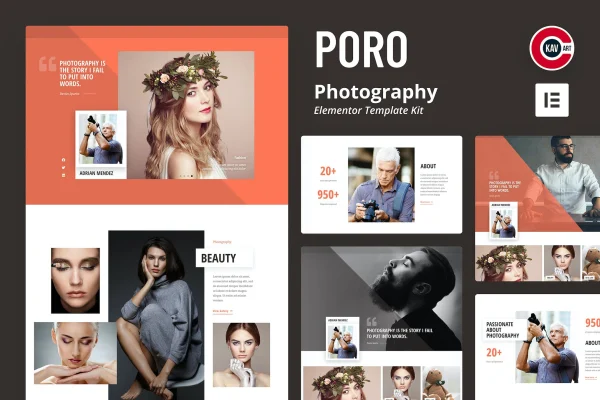 Poro photography Elementor template kit cover showing minimal portfolio page layouts