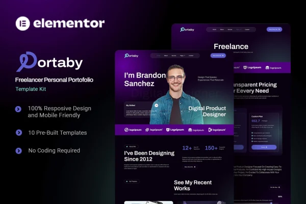 Portaby freelancer portfolio Elementor template kit cover image