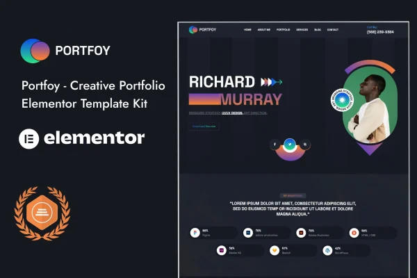 Portfoy portfolio Elementor template kit preview showing minimal page layouts