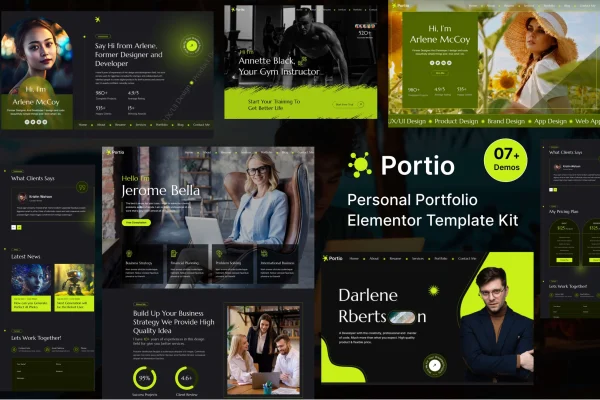 Portio portfolio Elementor template kit cover showing creative portfolio page layouts