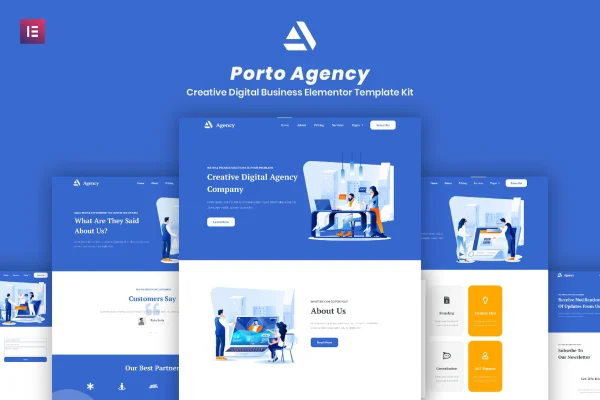 Porto Agency Elementor template kit preview showing creative digital agency page layouts