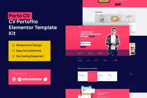 Porto CV personal portfolio Elementor template kit preview