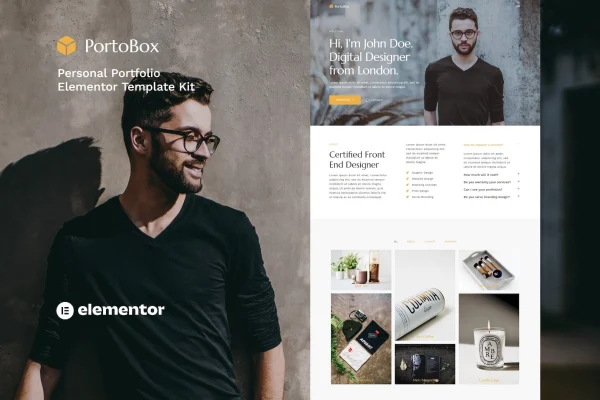 PortoBox creative portfolio Elementor template kit page previews