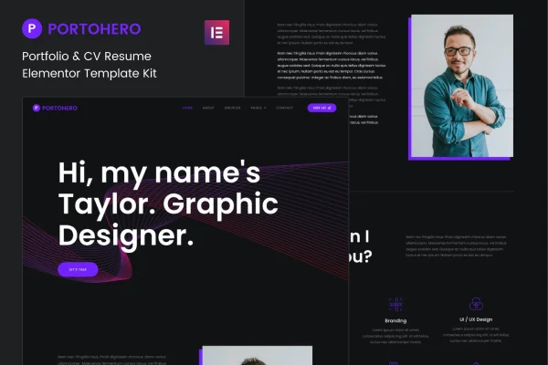 Portohero personal portfolio and CV Elementor template kit preview