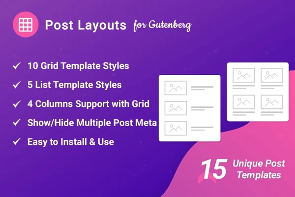 Post Layouts Pro for Gutenberg plugin banner showing blog post grid and list layouts