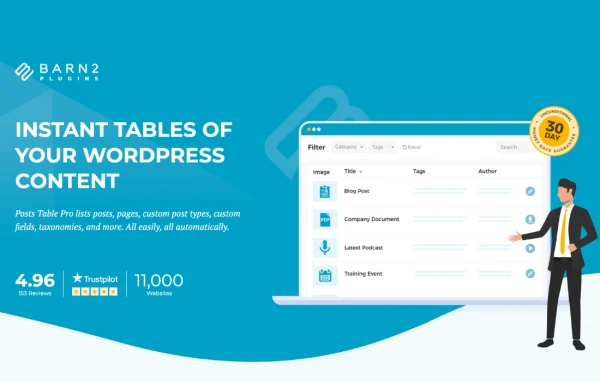 Posts Table Pro plugin banner showing a searchable content table