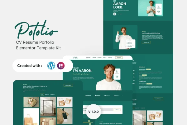Potolio CV resume portfolio Elementor template kit preview