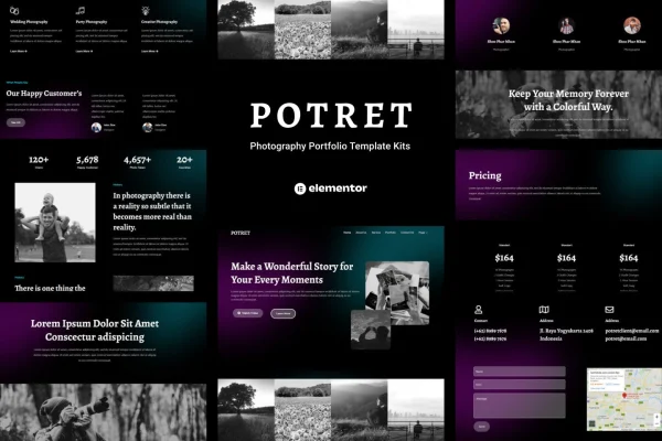 Potret photography portfolio Elementor template kit preview