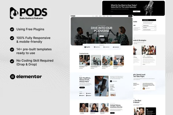 Potshow radio station and podcaster Elementor template kit preview