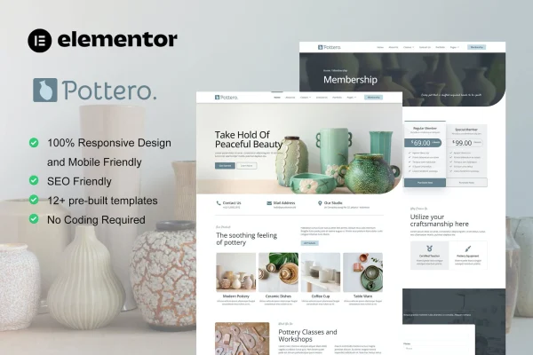 Pottero pottery and ceramics studio Elementor template kit preview