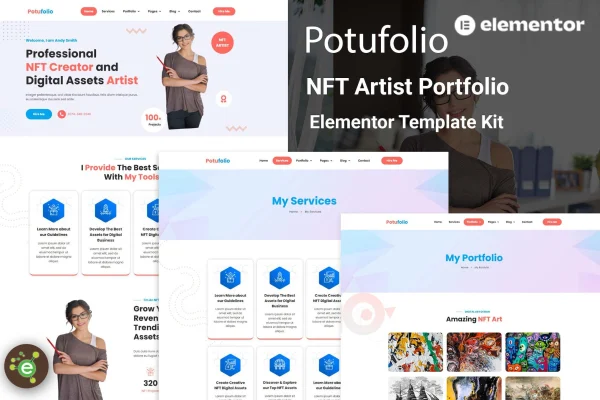 Potufolio NFT artist portfolio Elementor template kit preview