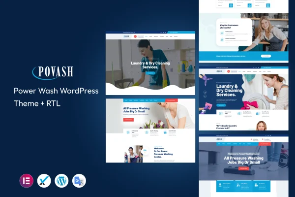 Povash power washing WordPress theme preview showing a cleaning service website layout