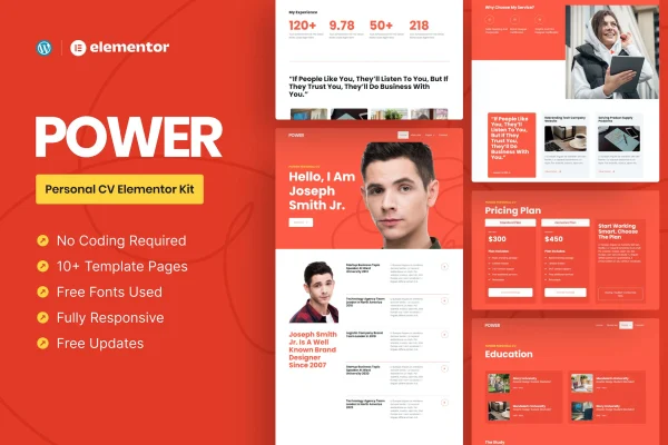 Power personal CV Elementor Pro template kit preview showing minimal resume and portfolio pages