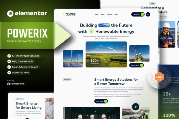 Powerix solar and renewable energy Elementor template kit preview