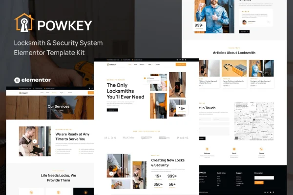 Powkey locksmith and security Elementor template kit page previews
