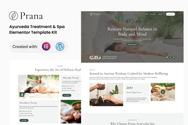 Prana Ayurveda treatment and spa Elementor template kit preview