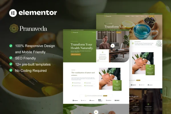 PranaVeda Ayurveda and spa Elementor Pro template kit preview