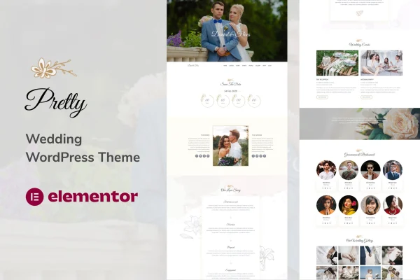 Pratty wedding WordPress theme preview with elegant couple homepage layout