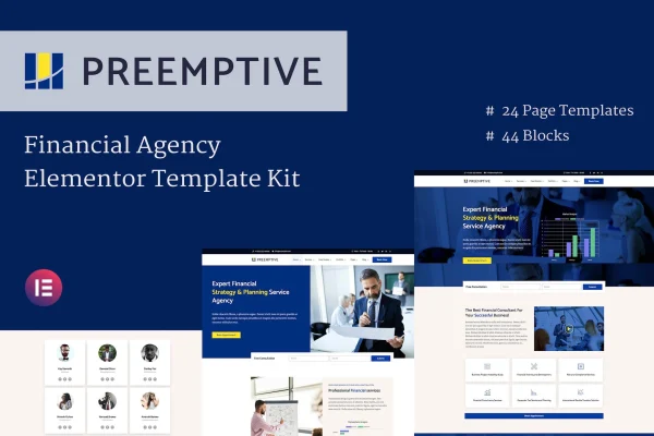 Preemptive business and finance Elementor template kit page previews
