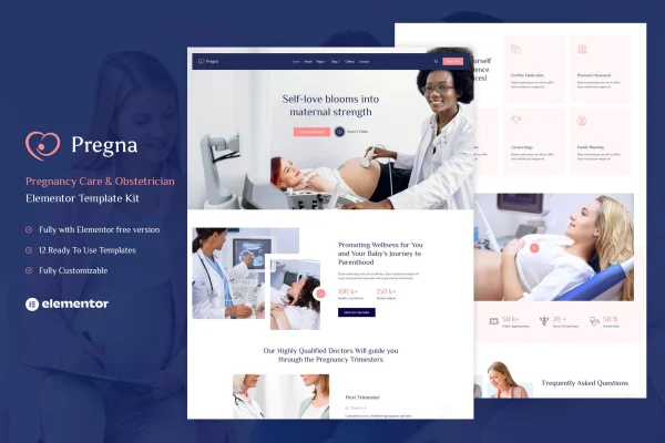 Pregna prenatal care and obstetrician Elementor template kit preview