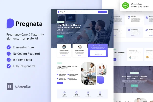 Pregnata pregnancy care and obstetrician Elementor template kit preview