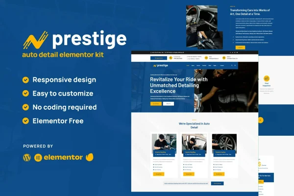 Prestige car repair and auto detailing Elementor template kit preview