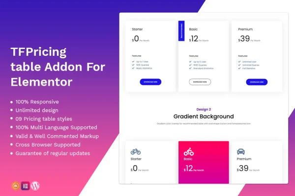 Price Table for Elementor plugin banner showing pricing table designs
