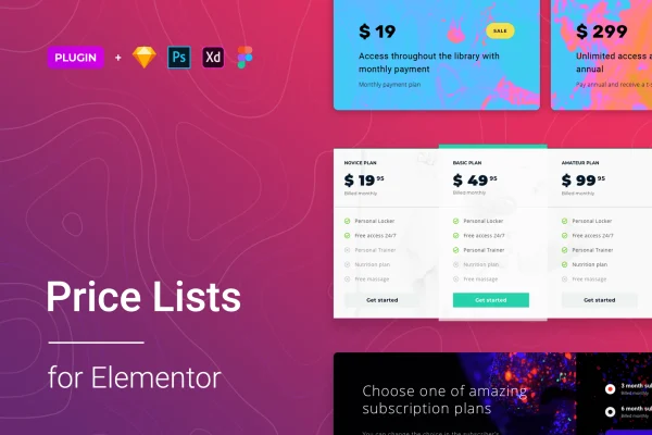 Pricer for Elementor plugin banner showing sample price lists