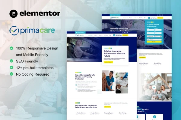 PrimaCare finance and insurance Elementor Pro template kit preview