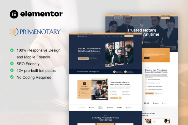 PrimeNotary Elementor template kit for notary and legal services websites