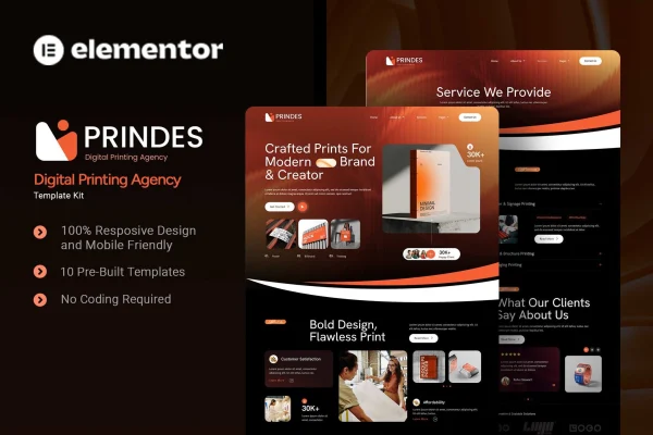 Prindes digital printing agency Elementor template kit preview