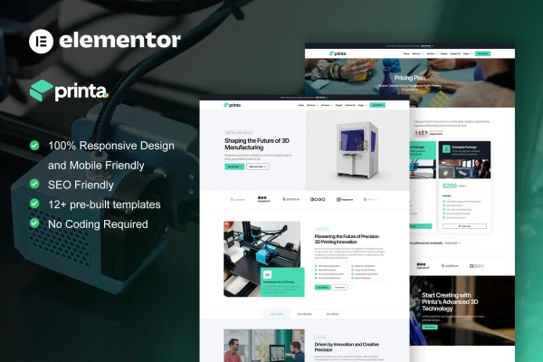 Printa 3D printing and manufacturing Elementor template kit preview