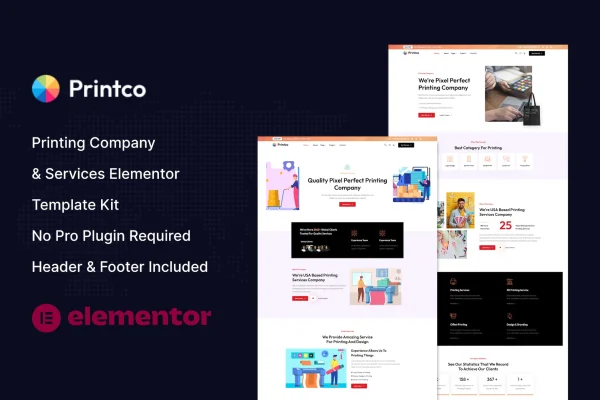 Printco Elementor template kit preview for a printing company website