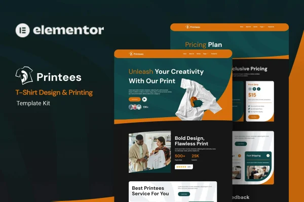 Printees t-shirt design and printing Elementor template kit preview