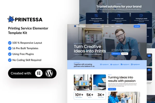 Printesa printing services Elementor template kit preview